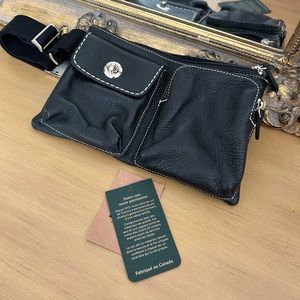 NWT- Roots Leather Fanny Pack, Waist Bag, Black
